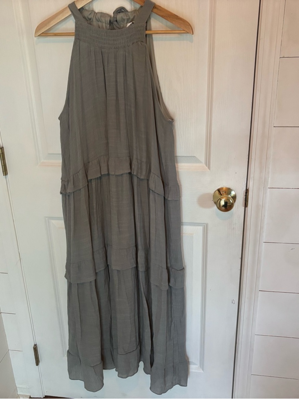 Sleeveless Tiered Maxi Dress in light olive green size 1x
